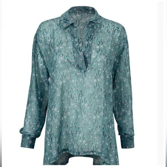 Cabi 3761 Chase Field of Flowers Teal Flowy Long Sleeve V Neck Pullover Blouse - Picture 3 of 16